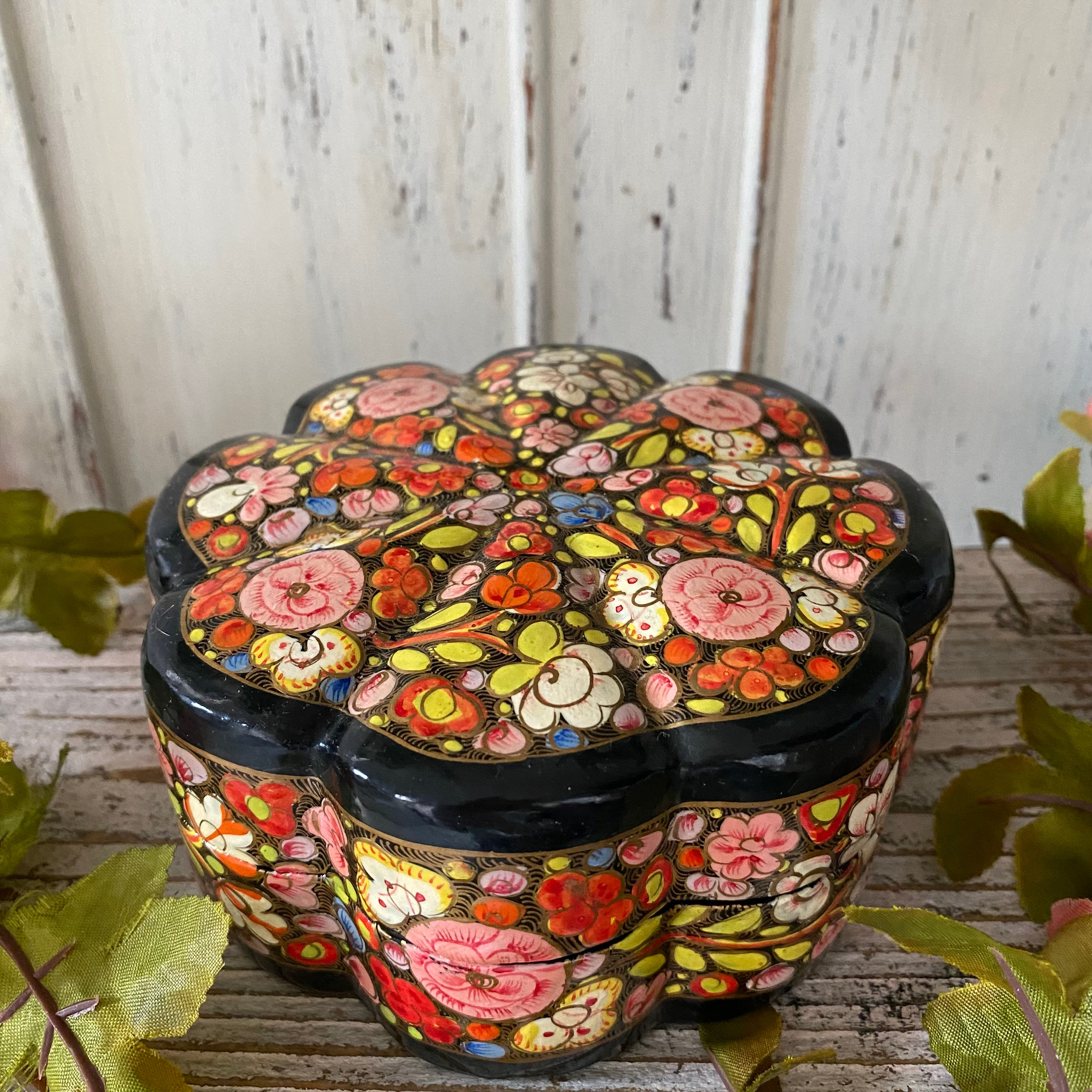 Papier mache hand painted lidded pot