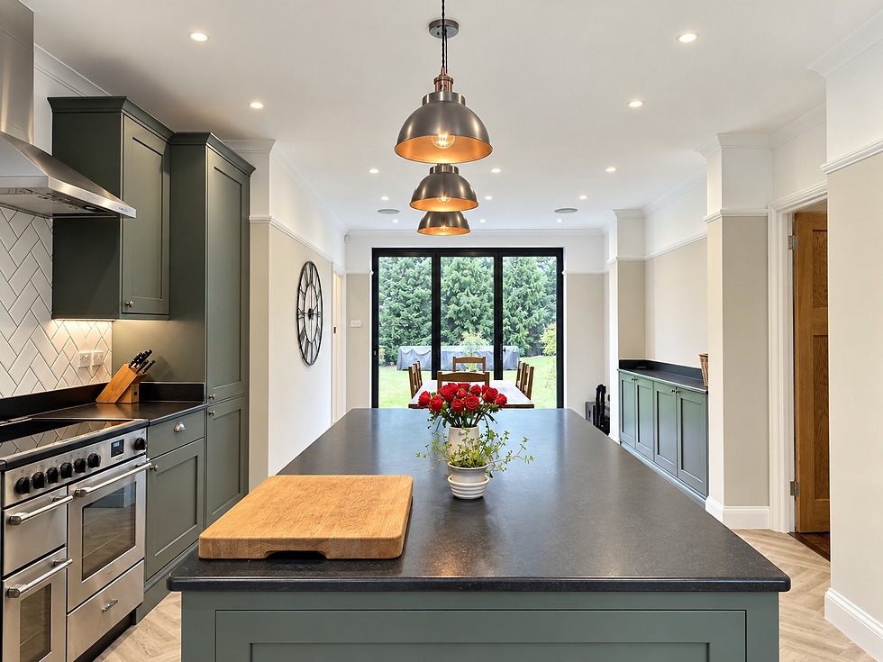 New kitchen island with dining and patio beyond
