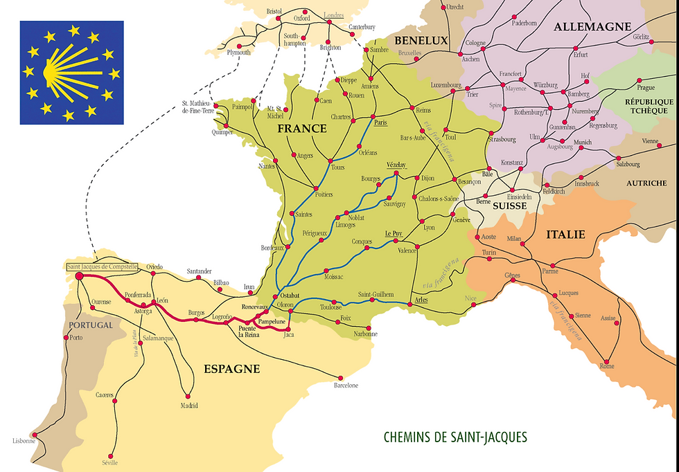 Chemins contemporains en Europe pour se rendre à Saint-Jacques-de-Compostelle. Mappe de Wikipedia
