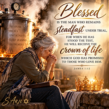 Silver-haired woman praying beside a pressure cooker, with a golden crown representing God's promise of life to those who remain steadfast through trials. James 1:12.