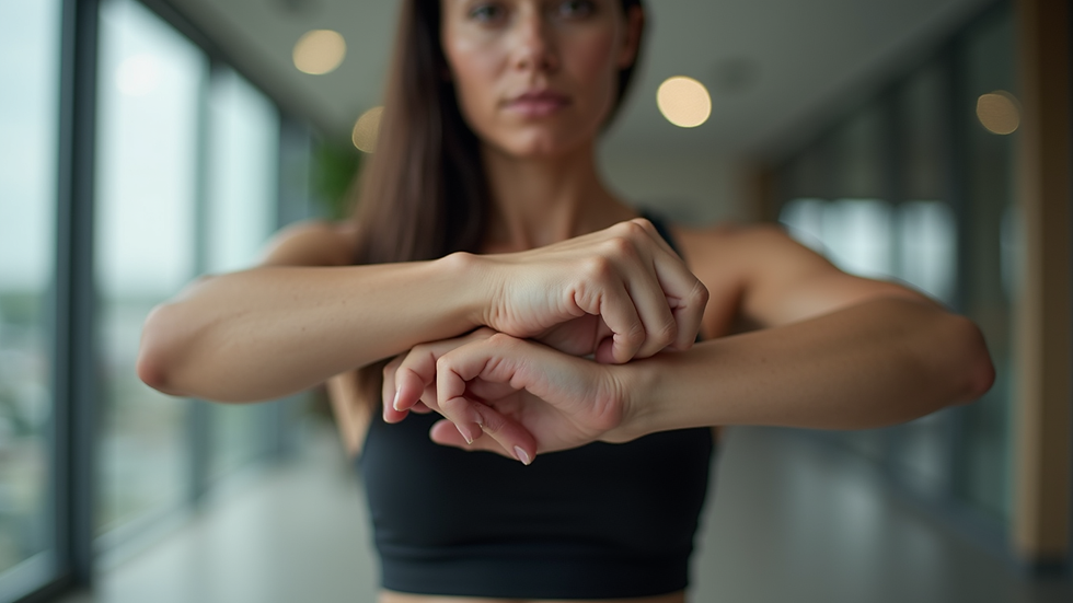 Close-up view of a fitness instructor demonstrating a stretching exercise