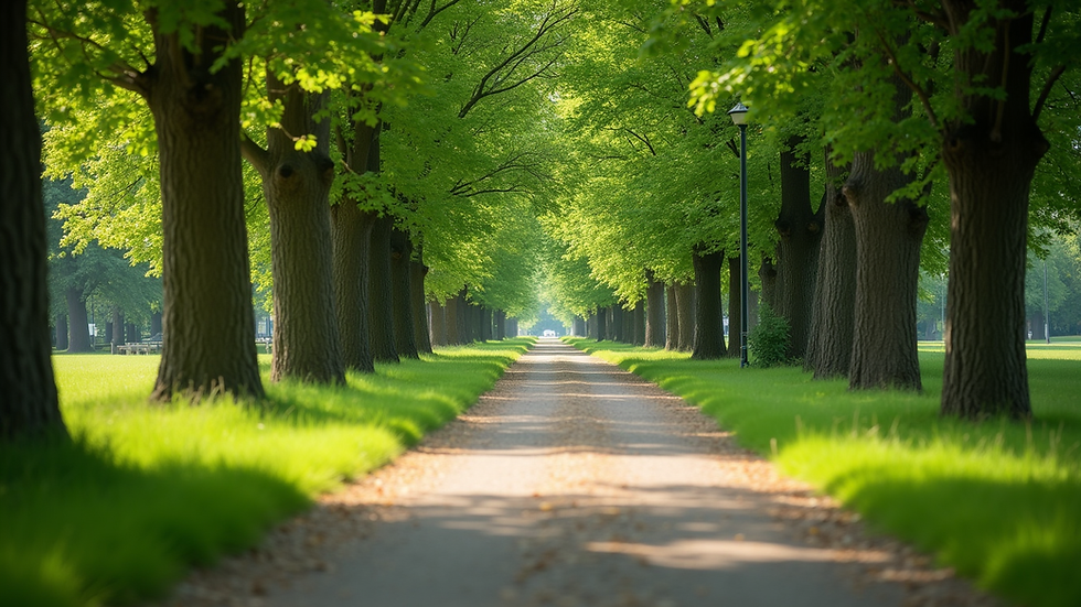 Eye-level view of a peaceful park path surrounded by green trees