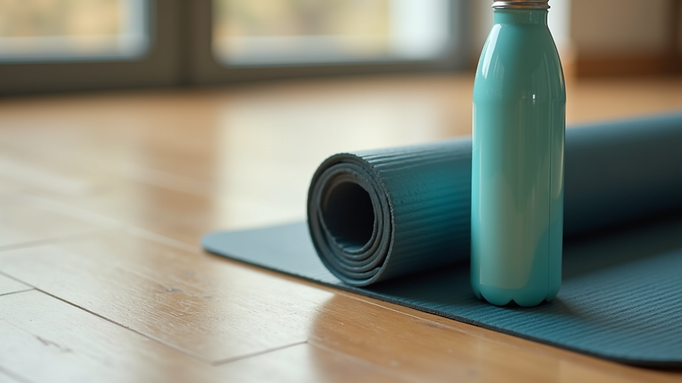 Close-up view of a yoga mat and water bottle on wooden floor