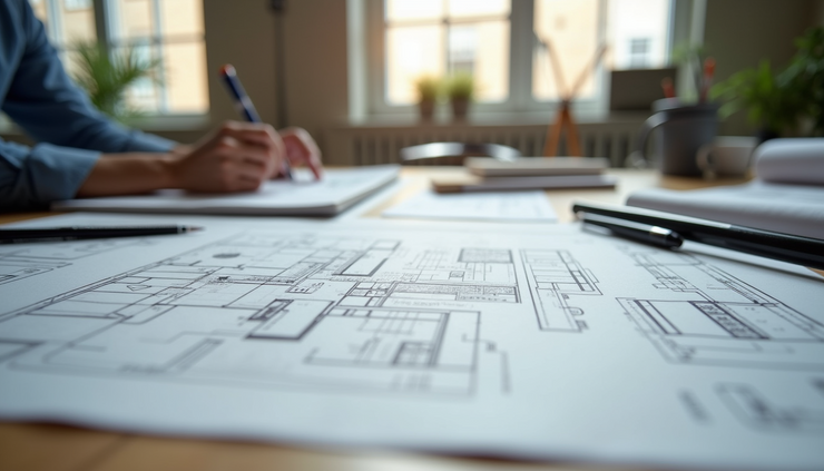 Eye-level view of an architect's workspace with detailed blueprints and scale models