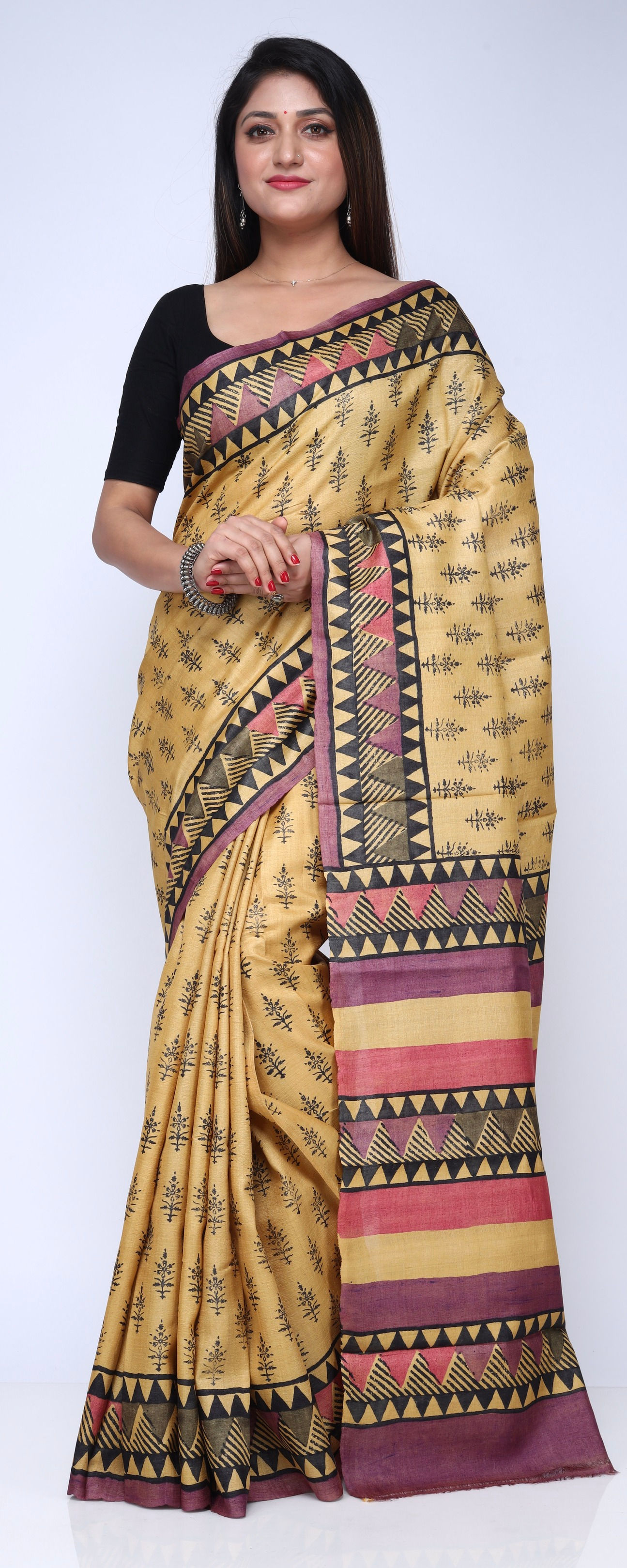 HAND BLOCK PRINTED PURE TUSSAR SILK SAREE