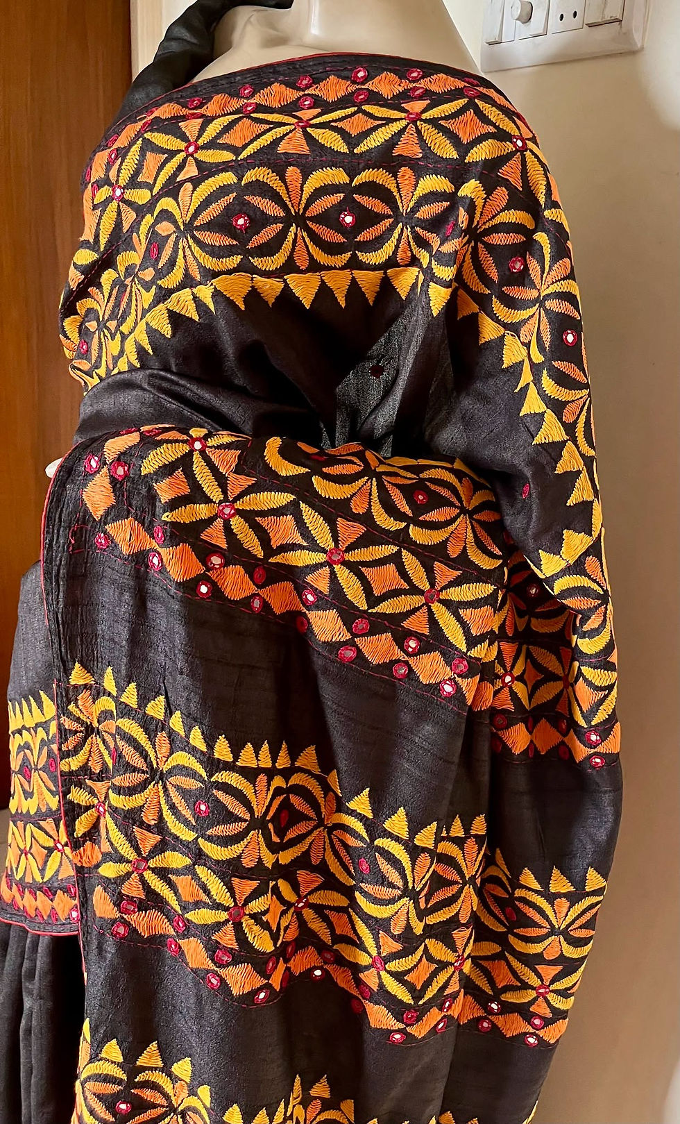 Thumbnail: KATHIAWARI HAND EMBROIDERED  PURE TUSSAR SILK SAREE