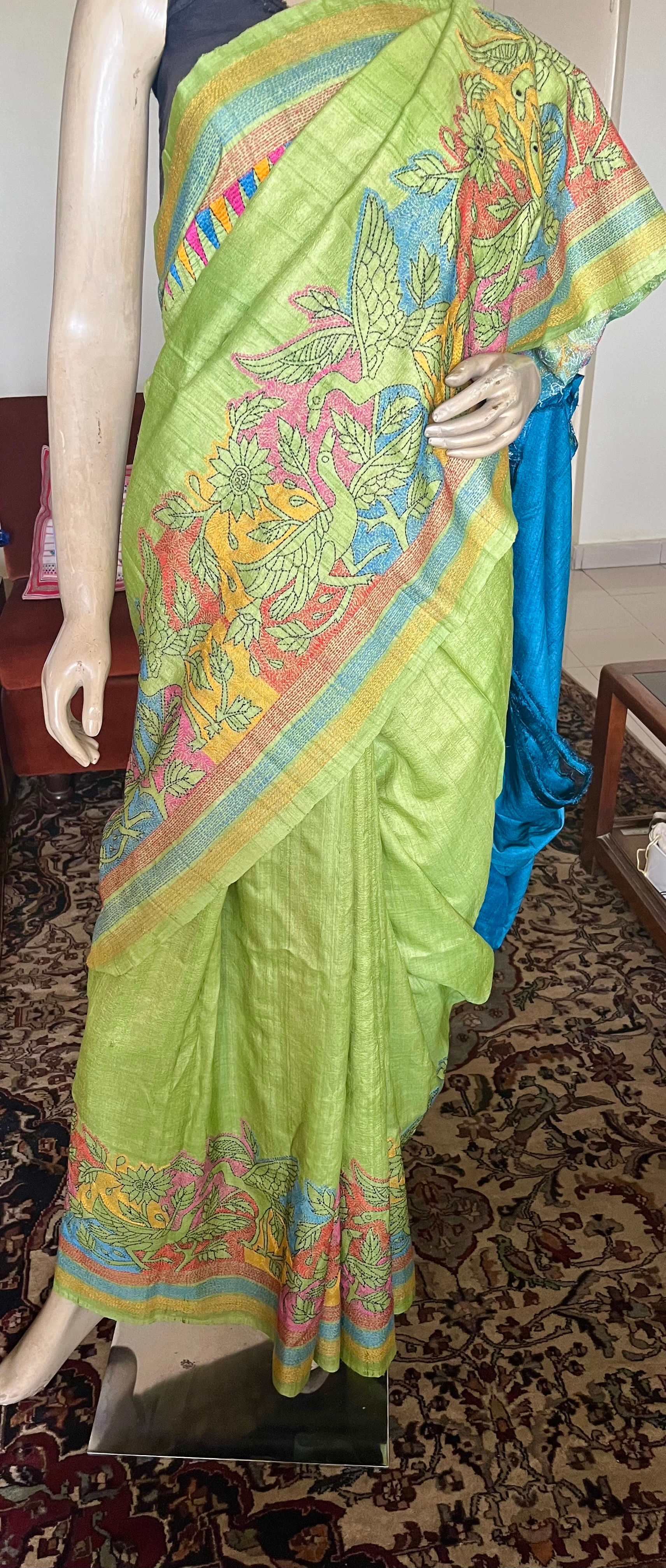 UNIQUE MULTI COLOUR REVERSE KANTHA HAND EMBROIDERED PURE TUSSAR SILK SAREE