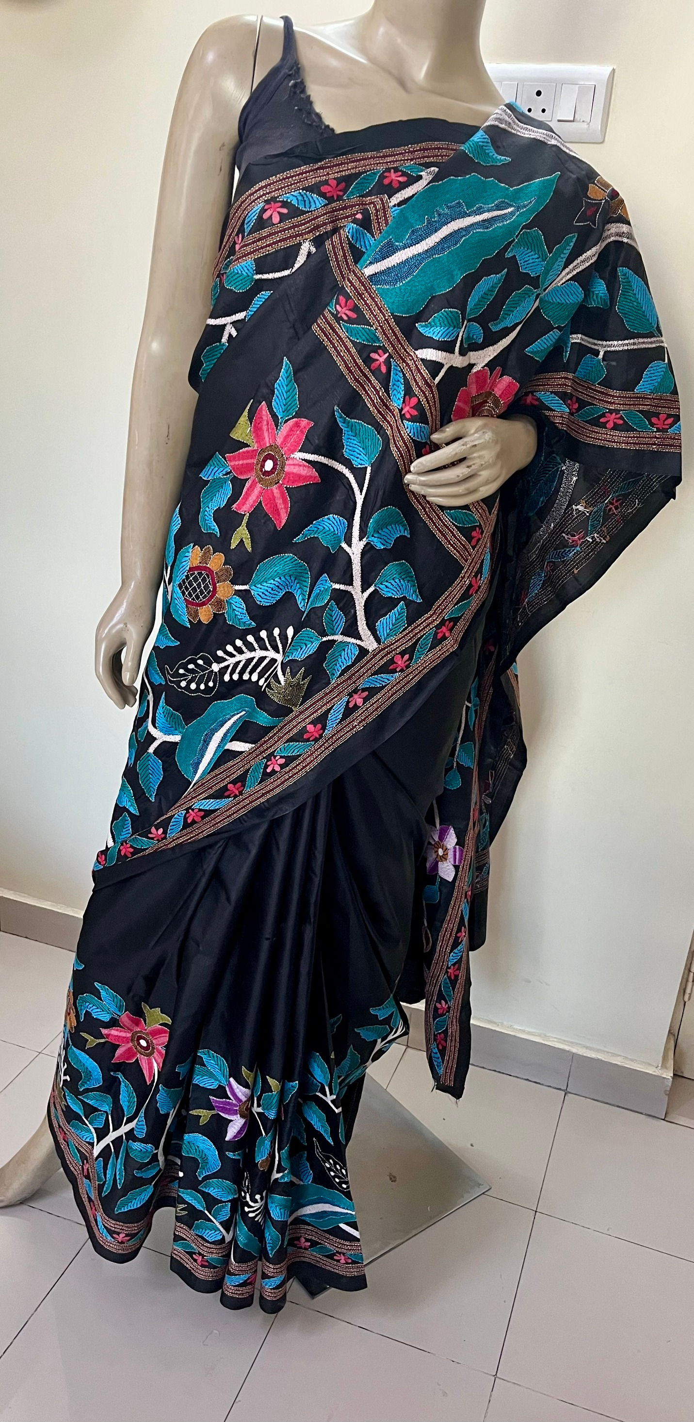 EXCLUSIVE PEACOCK DESIGN KANTHA HAND EMBROIDERED PURE SILK SAREE