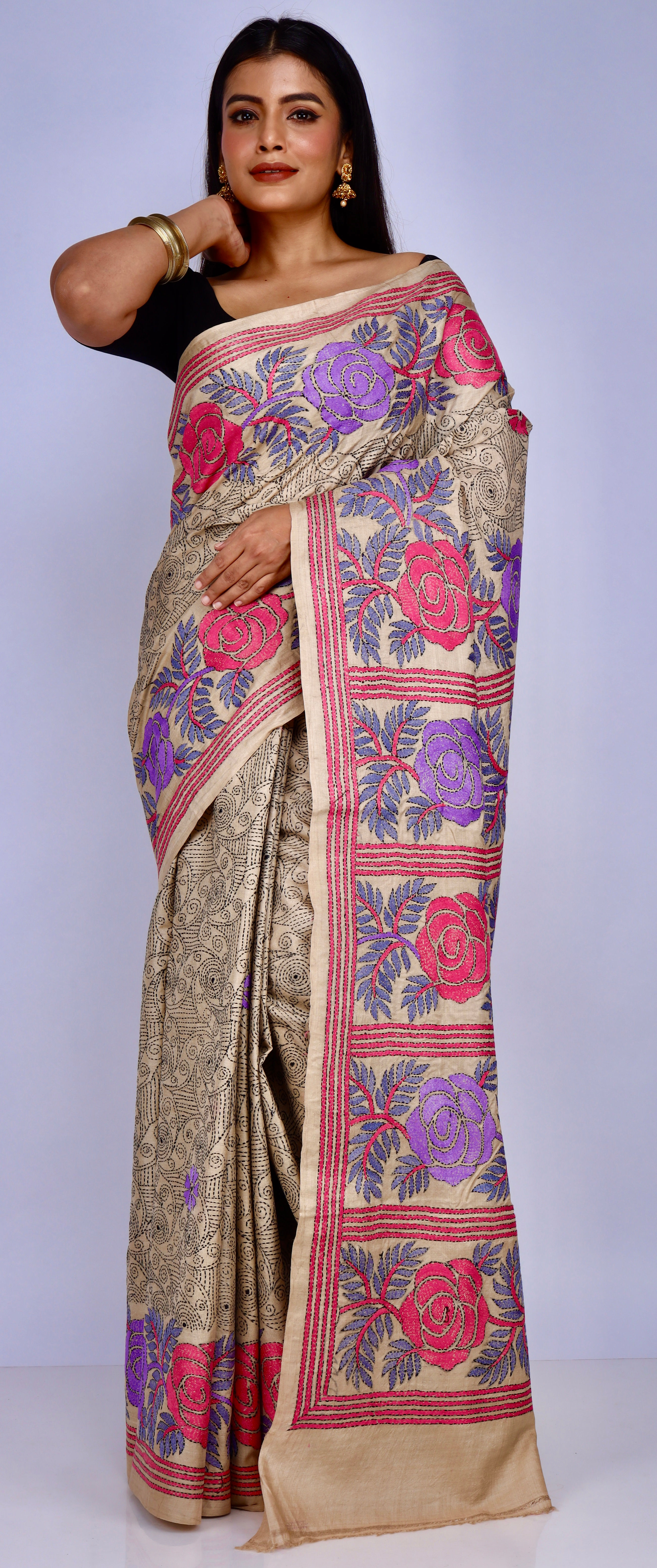 ROSE DESIGN KANTHA HAND EMBROIDERED GACHI TUSSAR SAREE