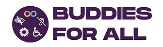 Buddies for All logo - purple circle on white background with disability symbols with Buddies for All in purple text
