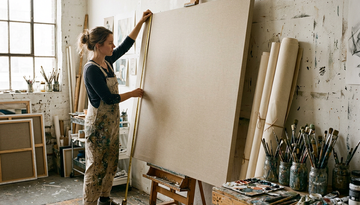 Wide-angle view of an artist measuring a large blank canvas in a quiet studio.