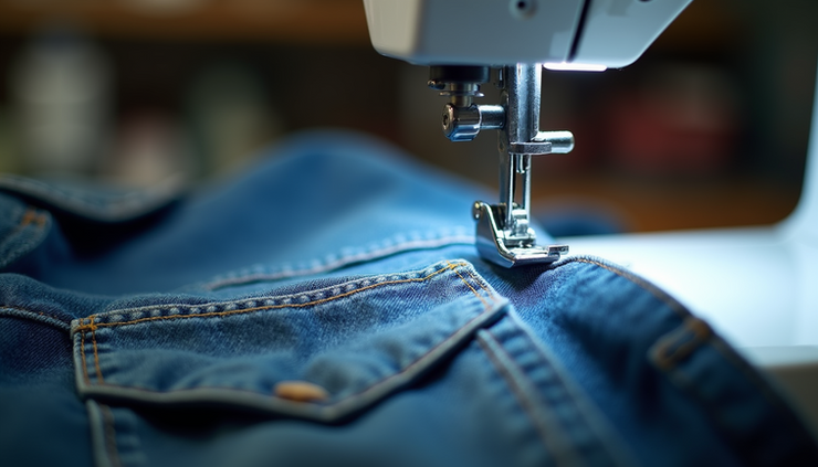 Close-up view of a sewing machine stitching a denim jacket sleeve