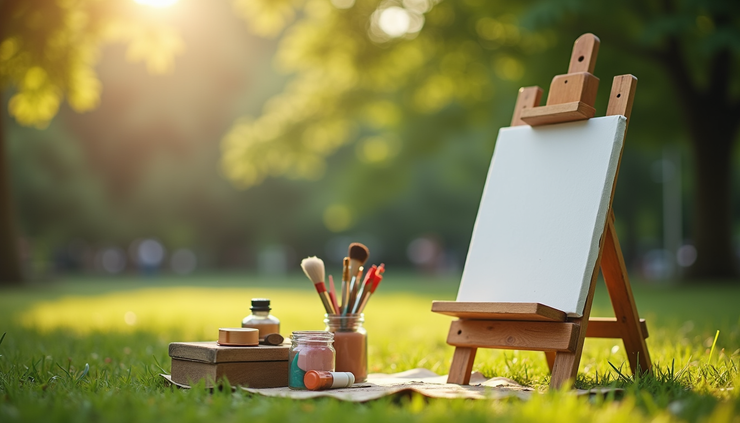 Eye-level view of a small outdoor art setup with easel and painting supplies in a sunny park