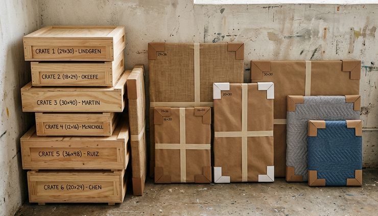 Overhead view of wrapped canvases and labeled crates arranged along a studio wall.