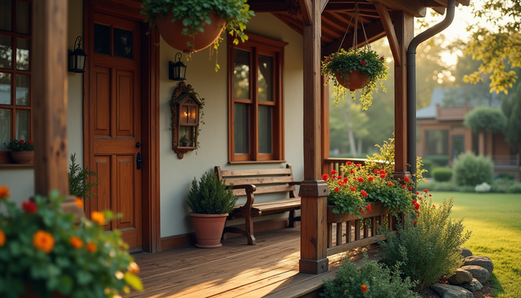 Eye-level view of a charming vintage inn with classic wooden porch and flower boxes