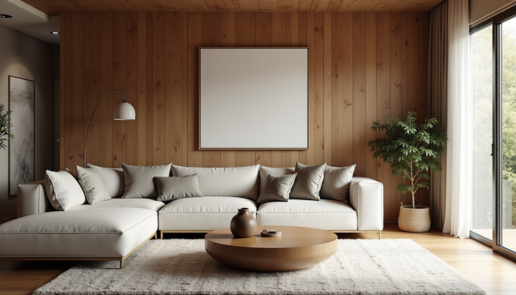 Eye-level view of a modern living room wall featuring reclaimed vintage wood paneling with natural textures