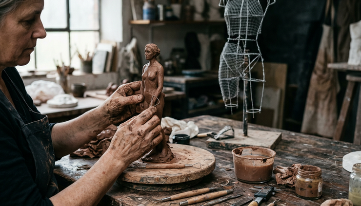 Close-up view of a sculptor shaping a clay maquette beside a larger armature.