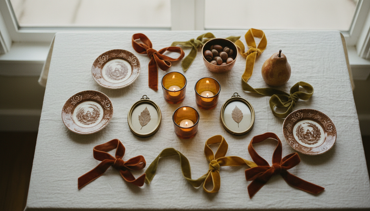 Overhead view of small vintage fall decor pieces including amber votives, brass frames, transferware saucers, and a wooden box.