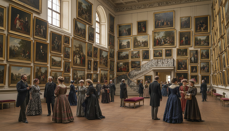 Wide-angle view of a historic salon gallery filled with framed paintings and visitors.