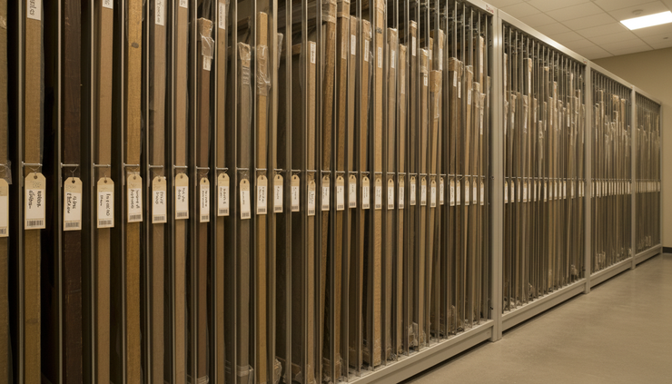 Wide-angle view of framed artworks stored on museum racks with archival tags.