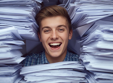 male student with 100s of GCSE papers smiling.jpg