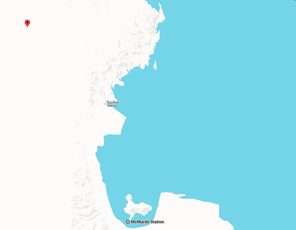 Figure 6: A Google Maps image of the base camp at Cape Royds (Mcmurdo Station) and the location of the magnetic south pole on January 16, 1909.
