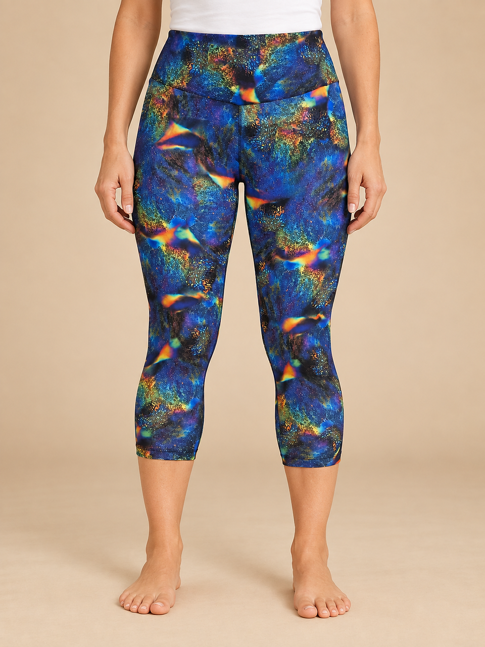 3/4-Leggings Blau mit abstraktem Farbmuster am Model