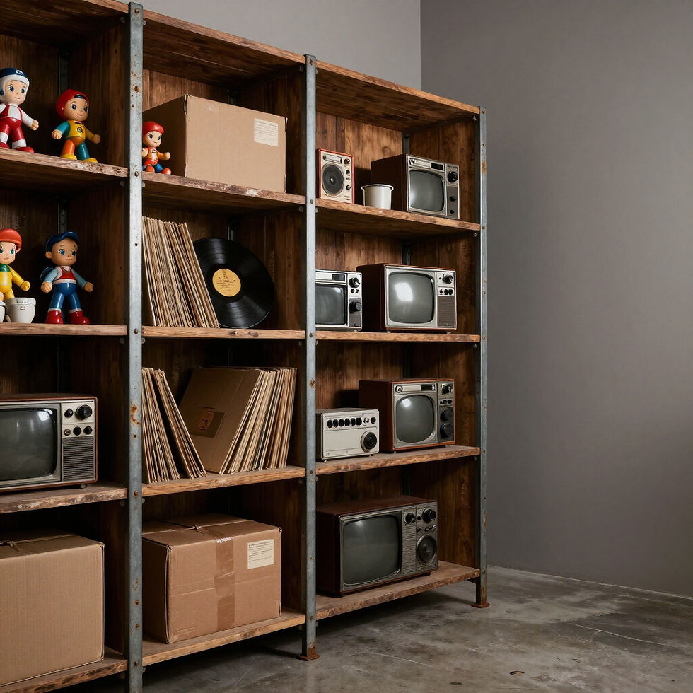 Storage unit shelves holding vintage toys, vinyl records, old TVs, and boxed items