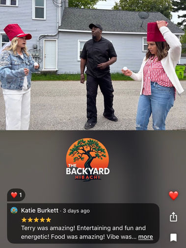 Customer review praising the high-energy entertainment and delicious food for a private backyard birthday party.