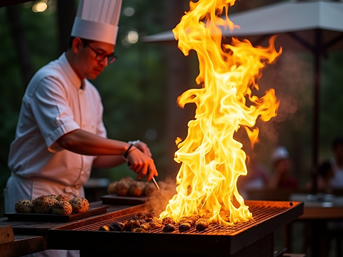 chef cooking hibachi with large energetic flames on outdoor grill.png