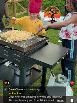 5-star customer review praising Chef Nick for an incredible 20th-anniversary backyard hibachi dinner celebration.