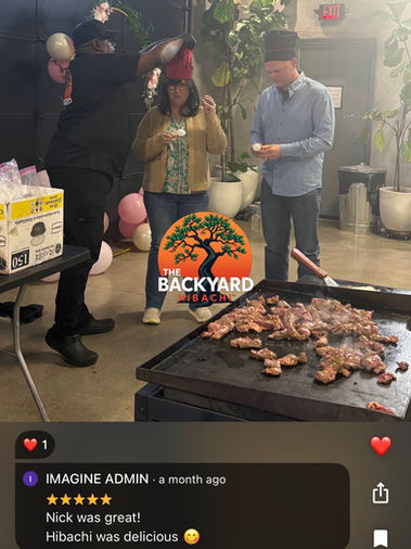 Customer review highlighting a perfect backyard hibachi performance and top-tier customer service.
