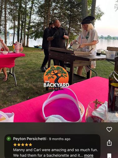 Five-star Google review for a backyard hibachi bachelorette party experience with Manny and Carl in Michigan.