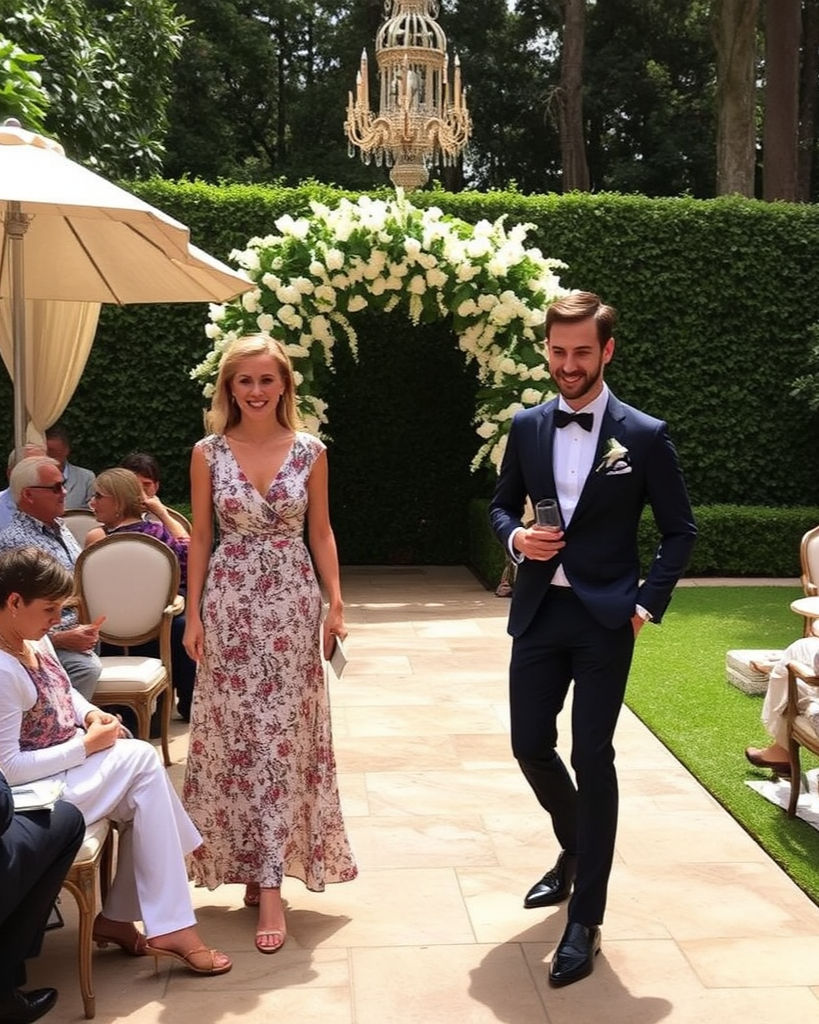 A couple smiling and walking in a garden setting with a floral arch and chandelier. She's in a floral dress; he's in a suit, holding a glass.