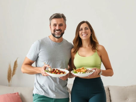 A smiling man and woman hold bowls of colorful salads in a cozy living room setting with soft lighting and neutral colors.