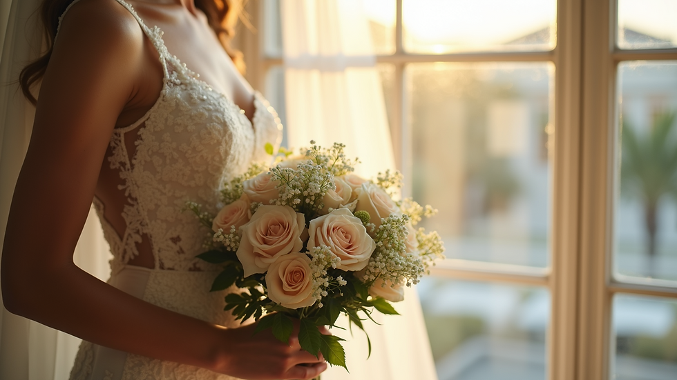 Close-up view of a wedding bouquet with soft natural light