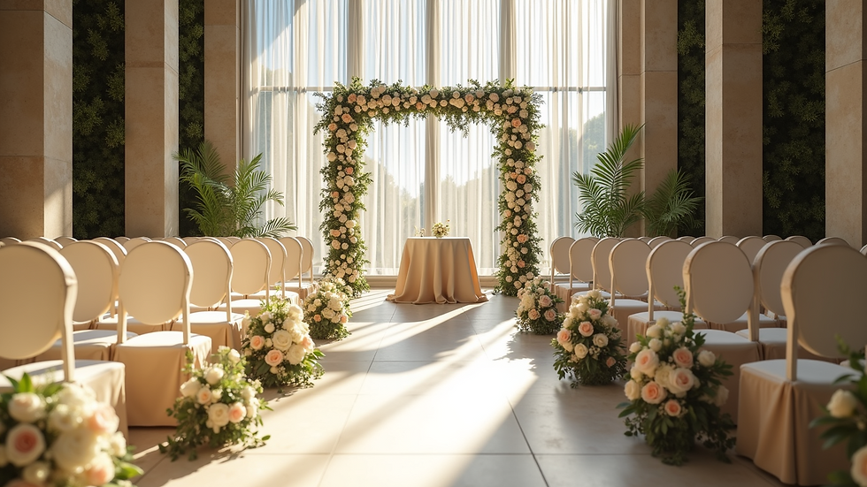 Wide angle view of a wedding ceremony setup with floral decorations