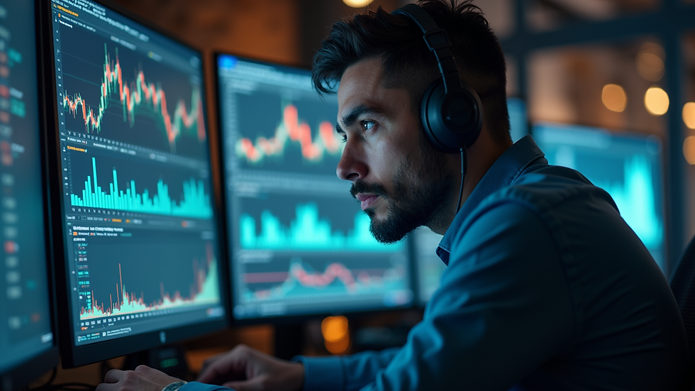 Eye-level view of a trader analyzing cryptocurrency charts