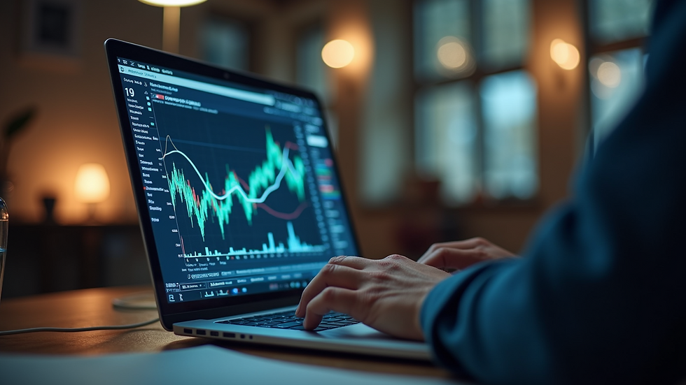Eye-level view of a person analyzing cryptocurrency trends on a laptop