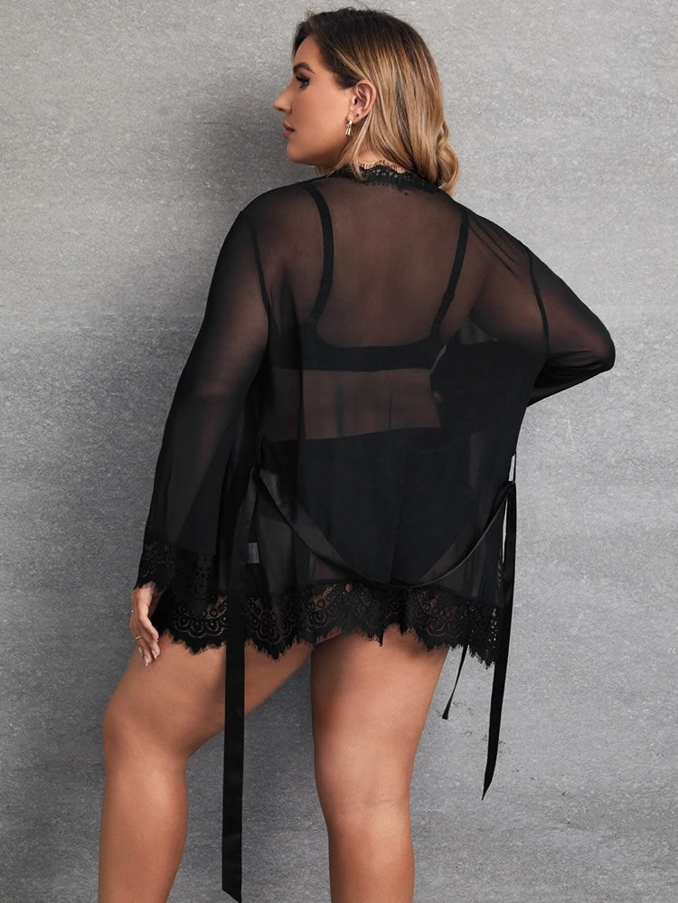 縮圖：Plus Size Eyelash Lace Robe and G-String