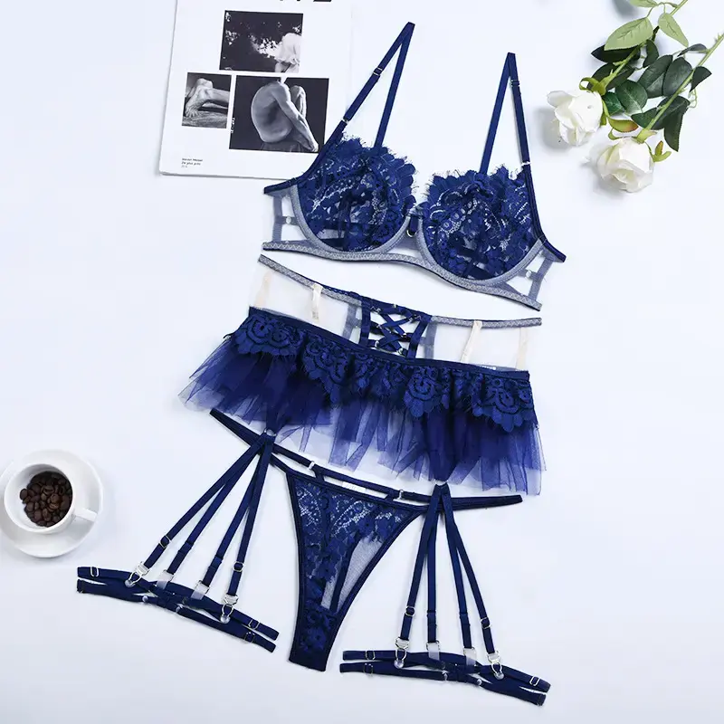 Thumbnail: Sexy Lingerie Set Women Lace Strappy Push Up Bra Set Erotic Lingerie