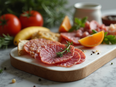 A cheese board with meats and cheeses on it, Charcuterie board
