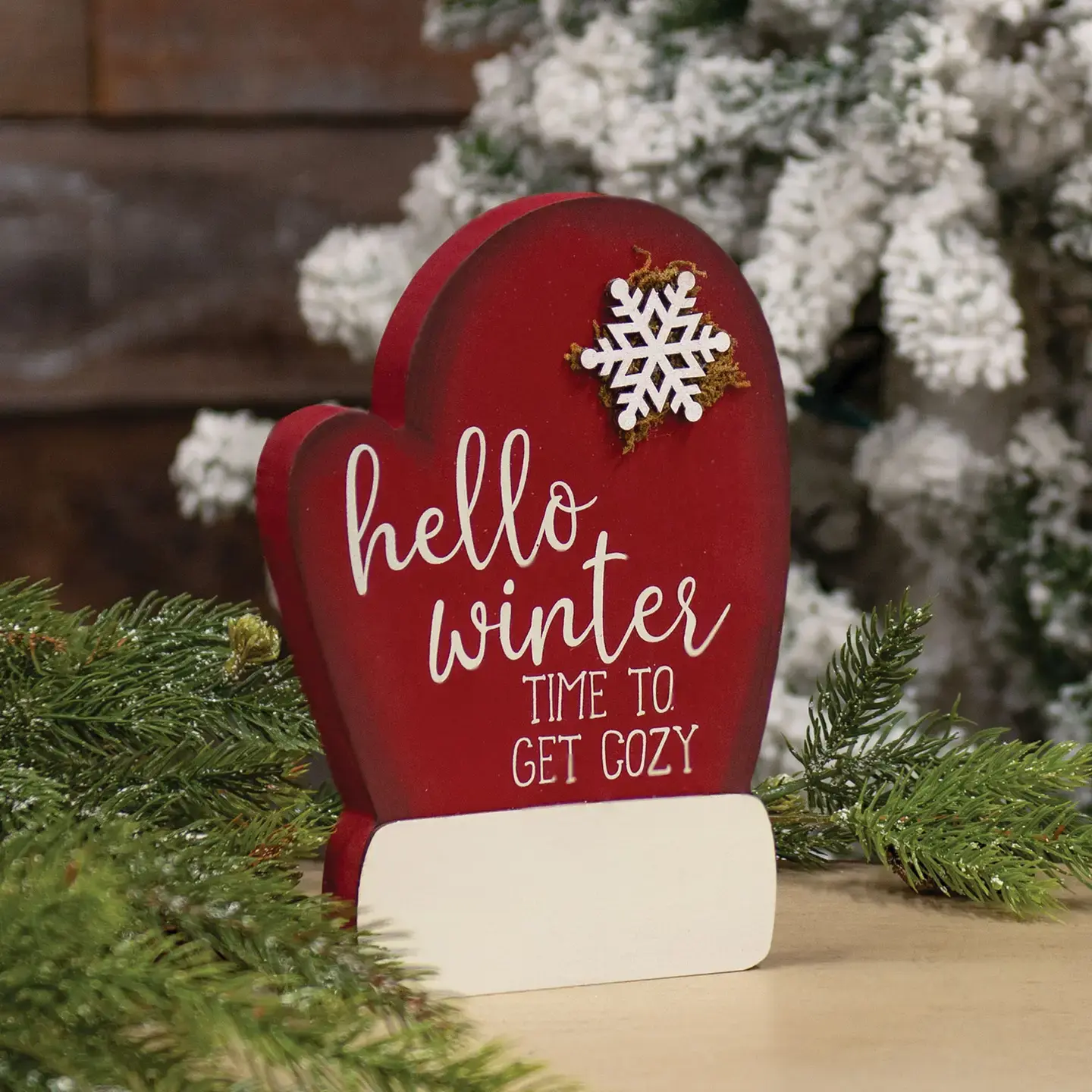 Hello Winter “Time to Get Cozy” Wooden Mitten Sitter – Rustic Holiday Accent