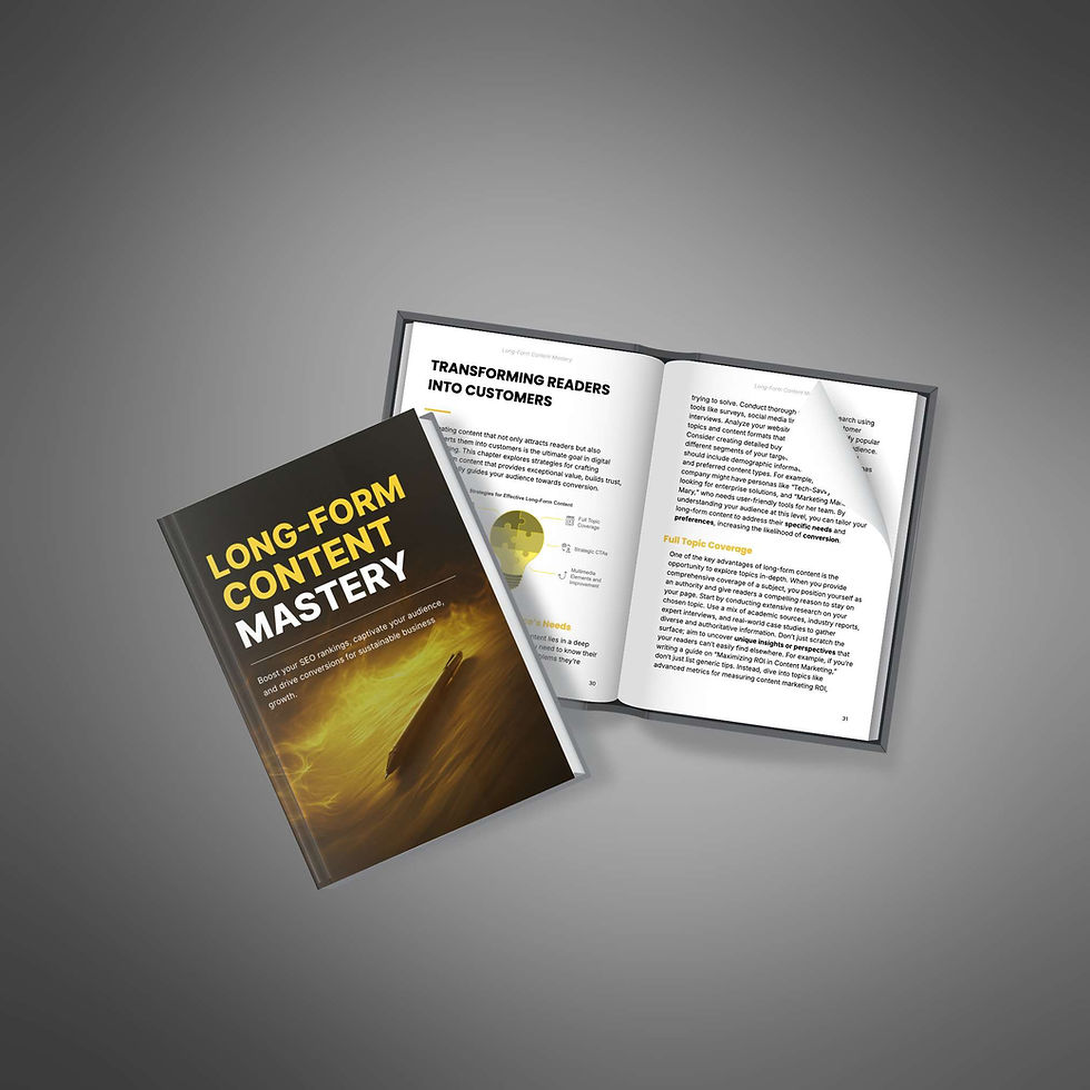 A book titled "Long-Form Content Mastery" lies beside an open book on "Transforming Readers into Customers" on a gray background.