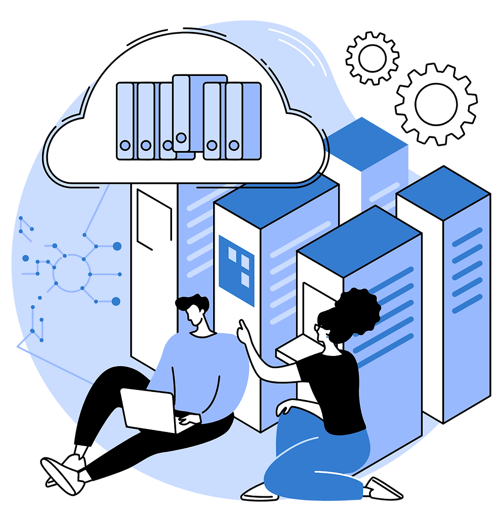 Two people with a laptop sit near blue and white server towers, pointing at a cloud icon. Background features gears and tech patterns.