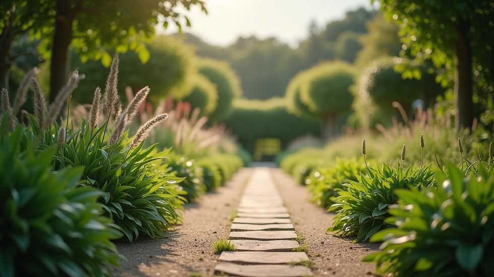 Eye-level view of a well-maintained garden pathway