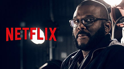 Actor and director Tyler Perry's headshot next to the word NETFLIX in red