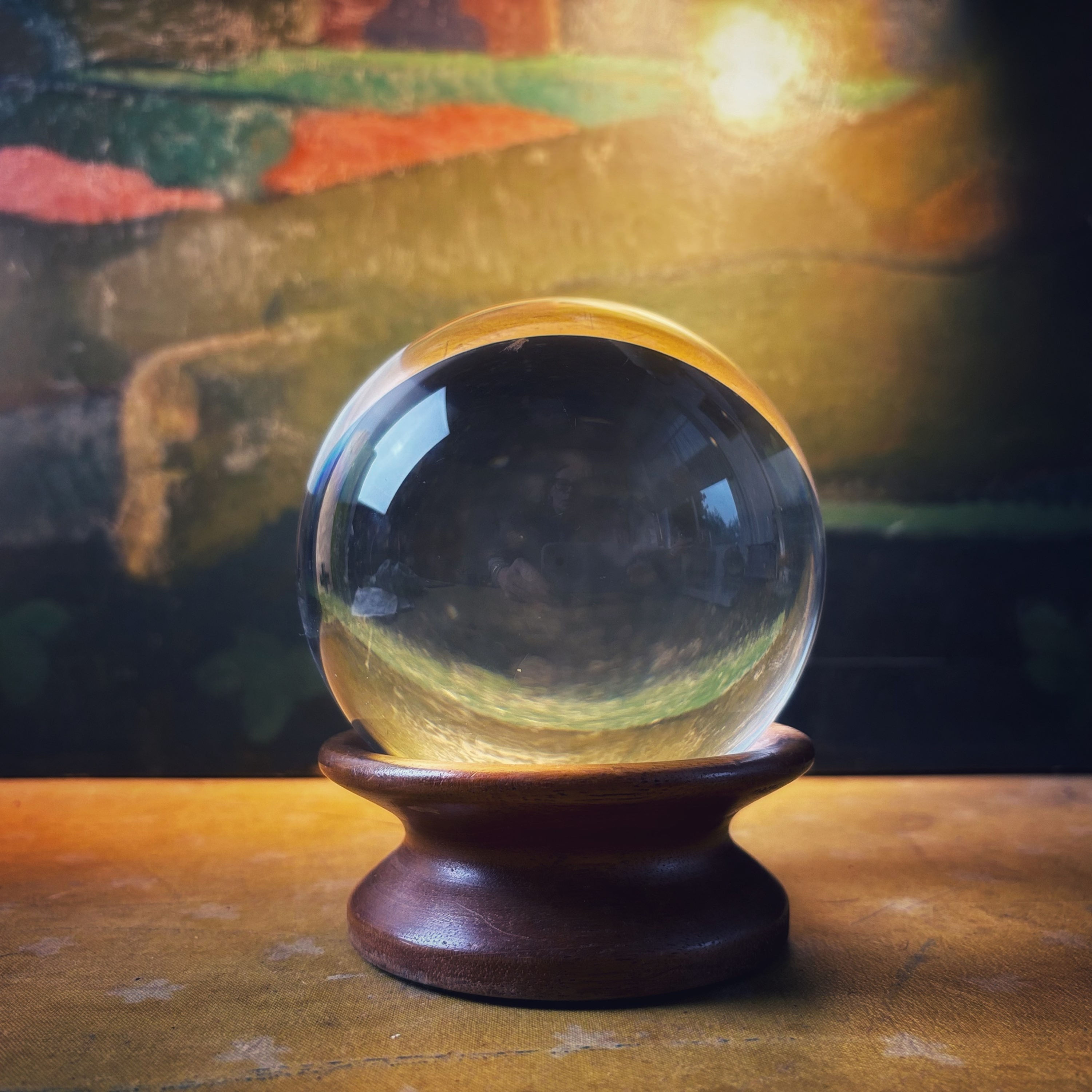 Vintage Crystal Ball on Mahogany Stand 