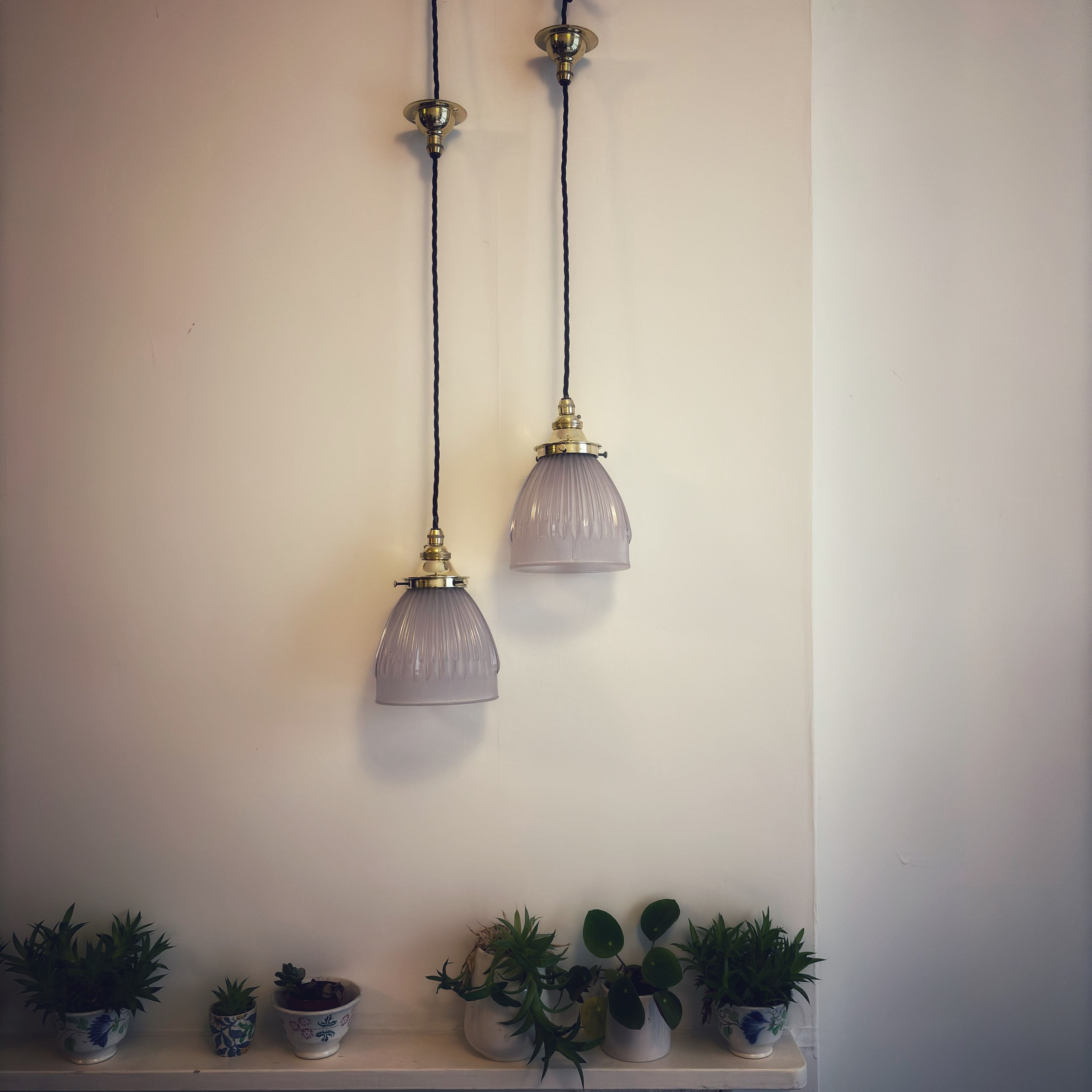 Pair of Original Hollophane Pendant Lights 