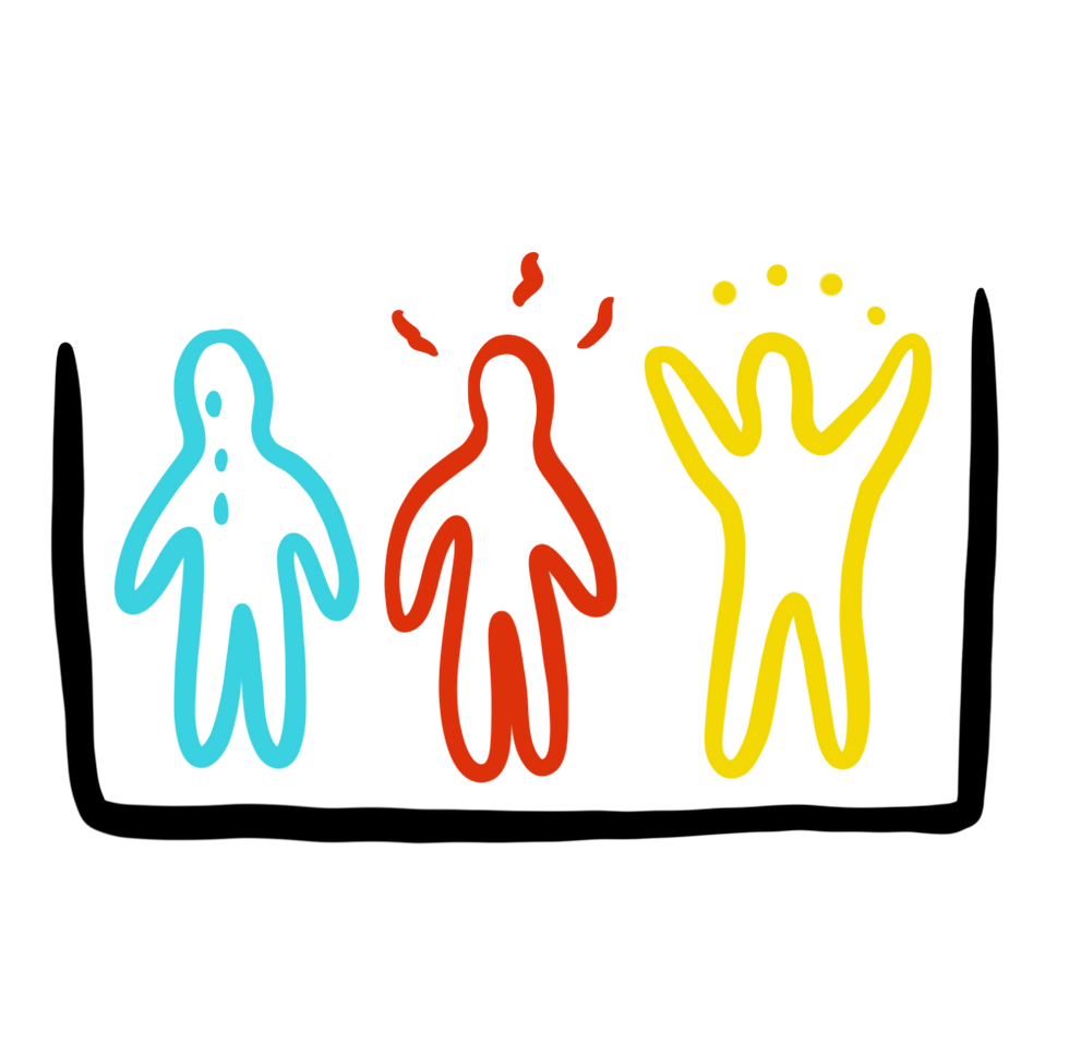 An illustration of a blue, red, and yellow human figure to showcase different "parts" of ourselves that show up when we experience trauma and how art therapy for adhd helps make sense of those parts.